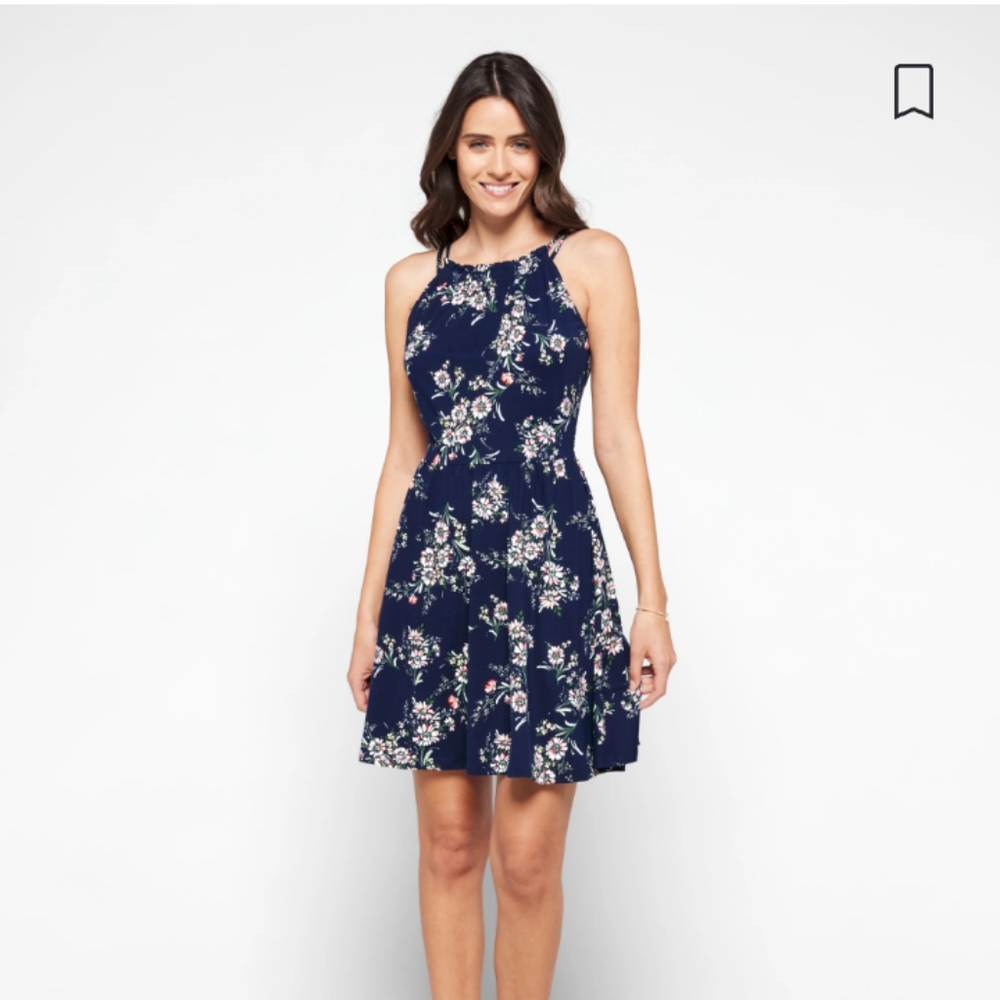 nine britton Navy Floral Halter Neck Dress